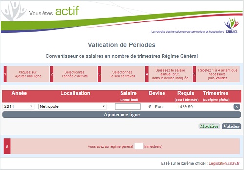 Capture d'écran du convertisseur de salaire en nombre de trimestres Régime Général