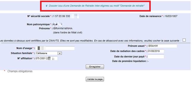 Exemple d'une mension : Dossier issu d'une Demande de Retraite Inter-regimes au motif « Demande de retraite »