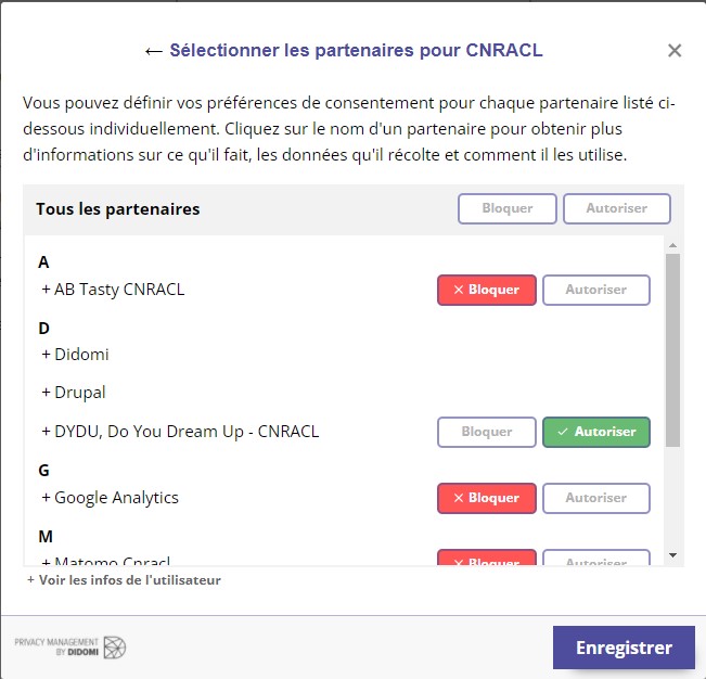 Sur Voir nos partenaires , choisir DYDU, Do You Dream Up- CNRACL et cliquez sur Autoriser.