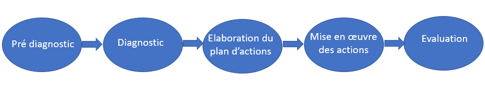 les 6 étapes de la démarche : Pré diagnostic, Diagnostic, élaboration du plan d'actions, mise en œuvre des actions et évaluation