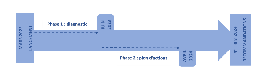lancement en mars 2022, phase de diagnostic jusqu'à juin 2023, phase de plan d'actions jusqu'à avril 2024 et recommandation du FNP au 4e trimestre 2024